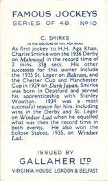 1936 Gallaher Famous Jockeys #10 Charlie Smirke Back